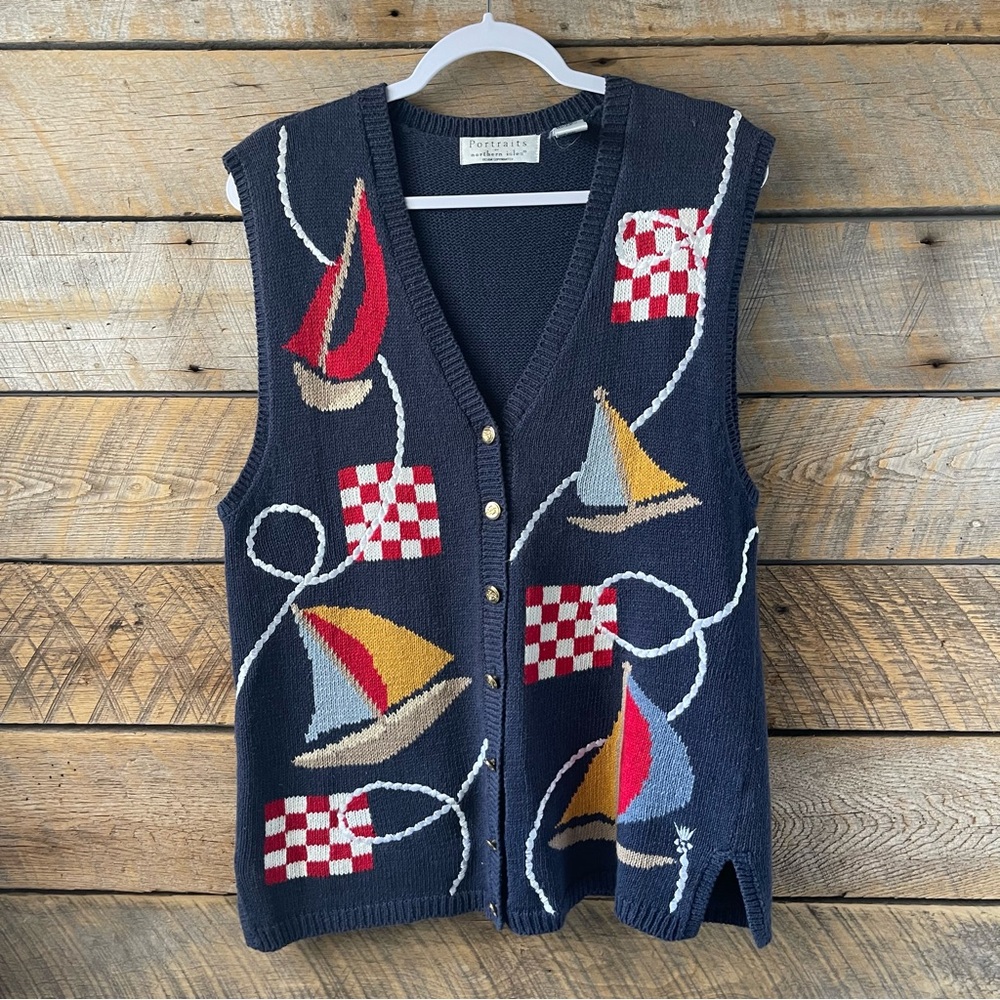 VTG Portraits Northern Isles Blue Nautical Sailboat Knit Button Vest Preppy Med